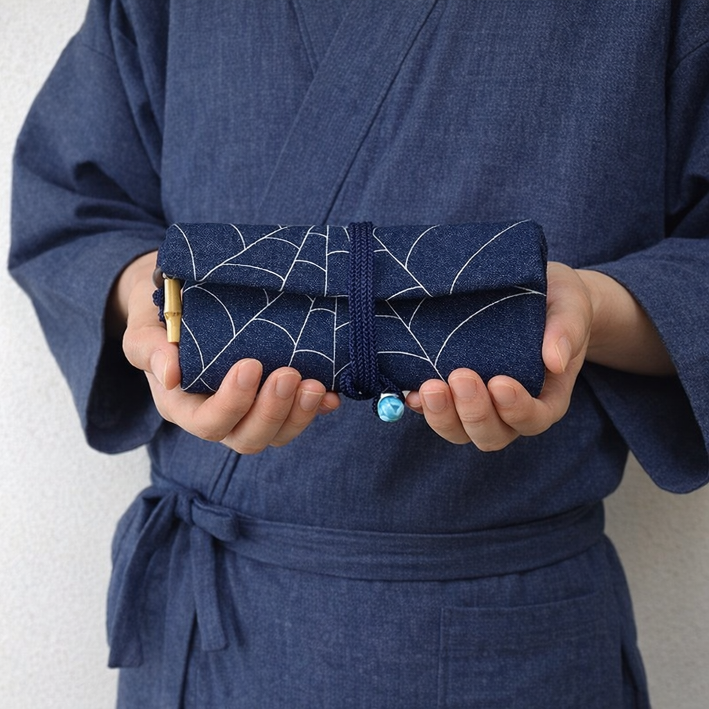 京都 道中財布 濃紺デニム地製 「蜘蛛の巣 銀色」 | Huduru Craft
