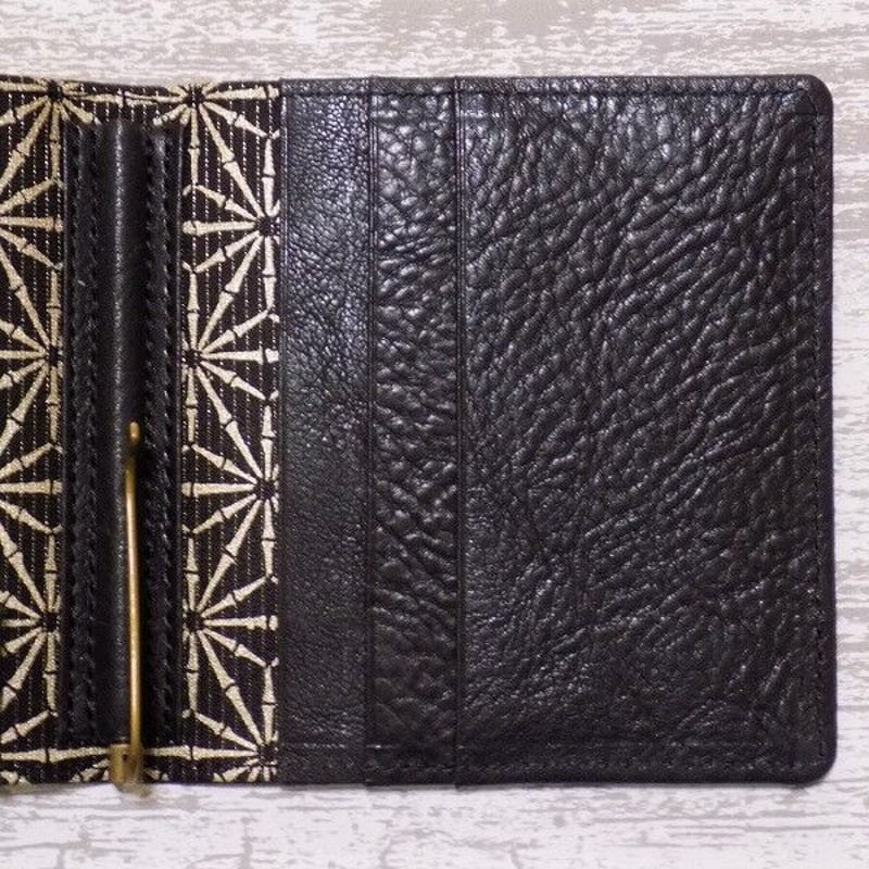 オーダー 京都 札ばさみ・マネークリップ 牛革黒色×金糸織西陣織黒色