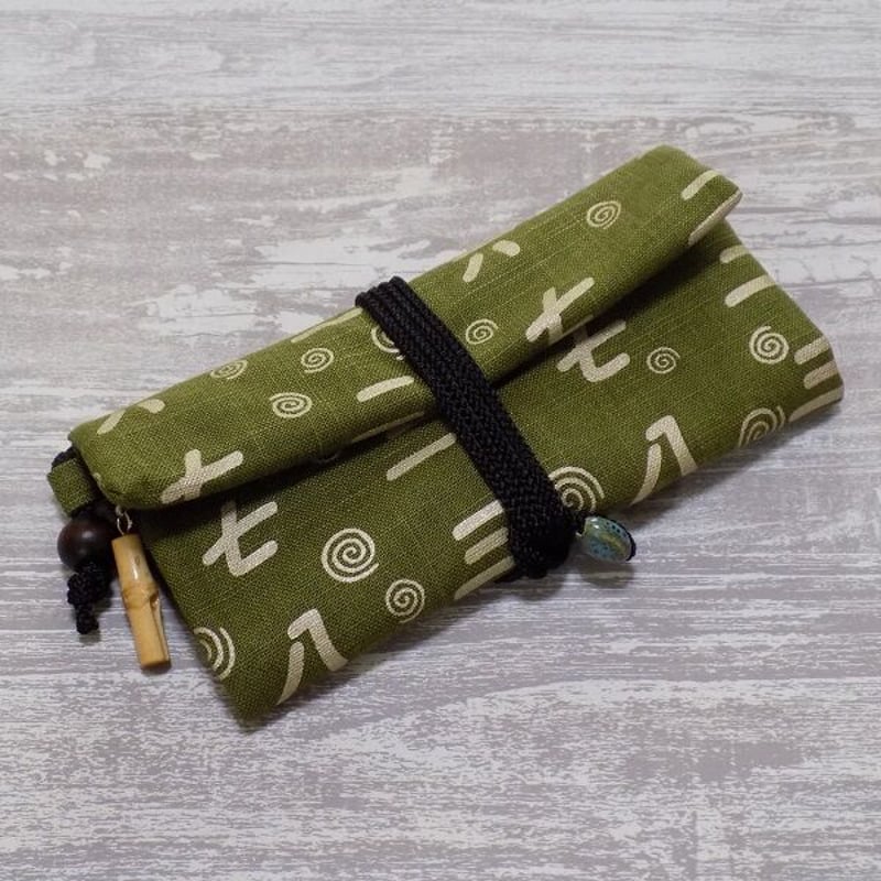 オーダー 京都 道中財布 コットン紬風グリーン地製 「漢数字に