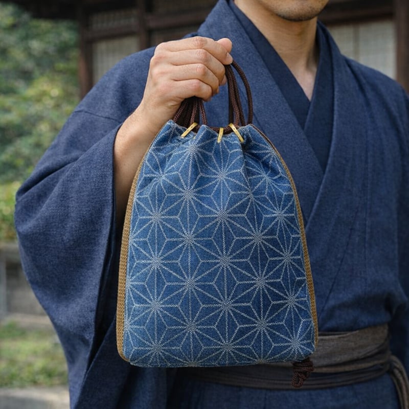 京都 洗い加工デニム地製 通しマチ信玄袋 「麻の葉 銀」 | Huduru Craft