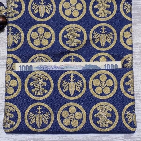 オーダー　京都　道中財布　デニム地製　「家紋松竹梅　金色」