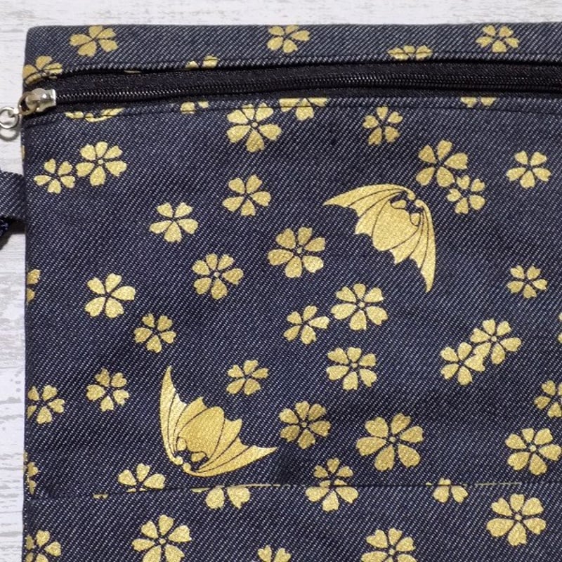 京都 道中財布 濃紺デニム地製 「蝙蝠に桜 金」 | Huduru Craft