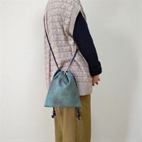 オーダー　京都　コットン紬風グリーン地製　 「焼箔青貝箔」　ミックス箔加工　巾着ショルダー