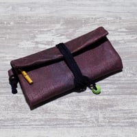 オーダー　京都　特別仕様　道中財布　コットン紬風エンジ色地製　「焼箔赤貝箔」　真綿箔加工