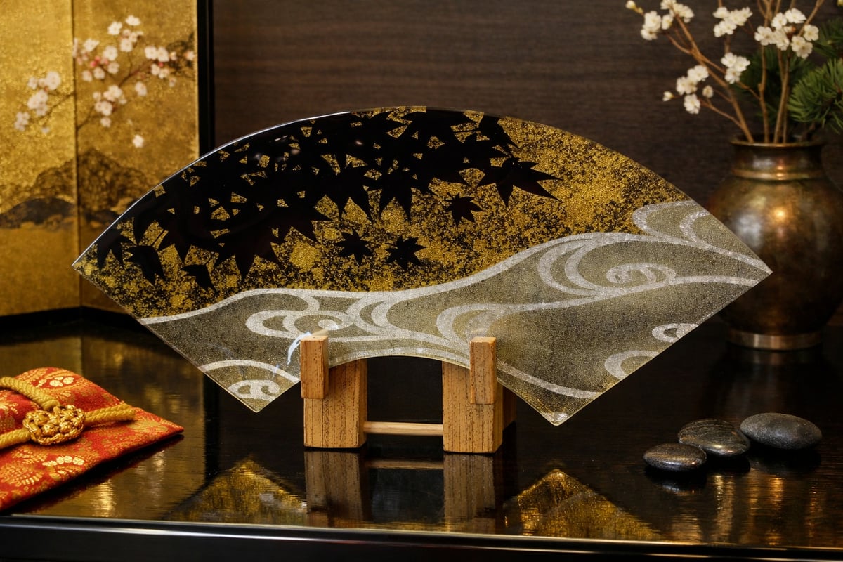 京都 ガラス製飾り皿 金彩ガラス皿 「紅葉に流水」 扇形 | Huduru Craft