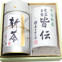 №CE-2　宇治新茶　上煎茶１2０ｇ＋荒茶玉露１2０ｇ缶和紙箱入り