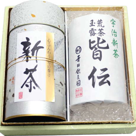 №CE-2　宇治新茶　上煎茶１2０ｇ＋荒茶玉露１2０ｇ缶和紙箱入り