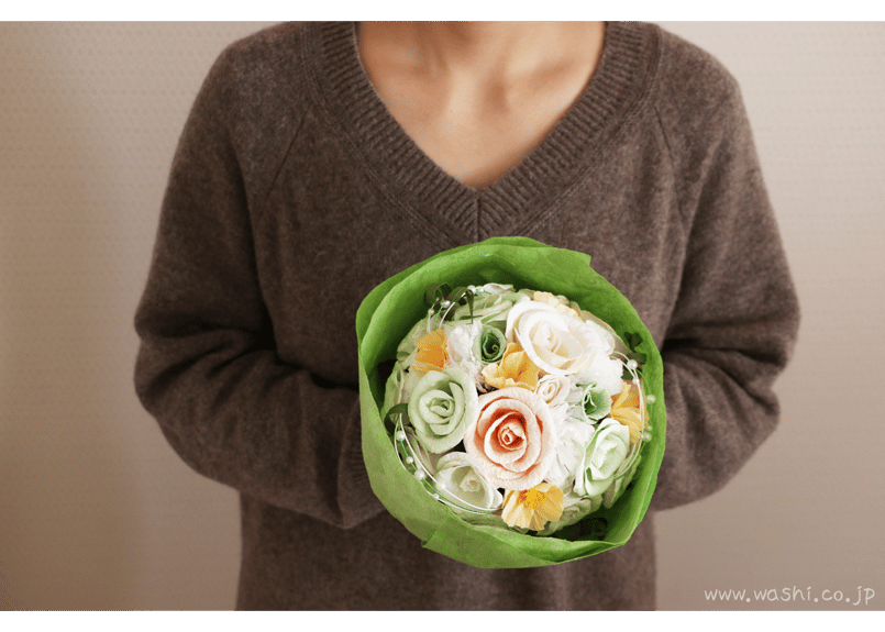即日発送可】和紙ラウンドブーケ・黄橙（商品番号：bouquet-002yo