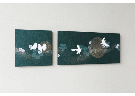 和紙アートパネル「シロフクロウ－Snowy Owl」　Washi Wall Art Panel　280角・600×280 2枚組