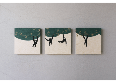 和紙アートパネル「猿－Saru」　Washi Wall Art Panel　280角 3枚組