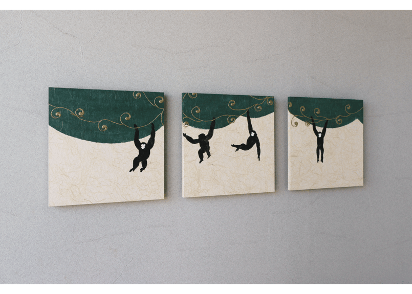 和紙アートパネル「猿－Saru」 Washi Wall Art Panel 280角 3枚組