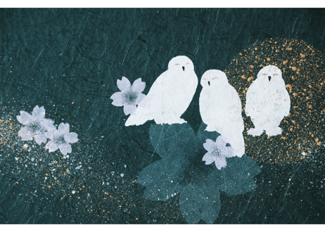 和紙アートパネル「シロフクロウ－Snowy Owl」　Washi Wall Art Panel　280角・600×280 2枚組