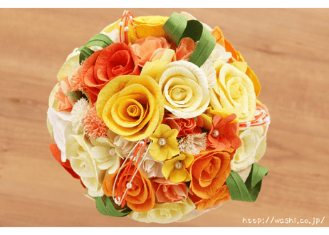 「受注生産」和紙ラウンドブーケ・黄橙（商品番号：bouquet-pro002yo）