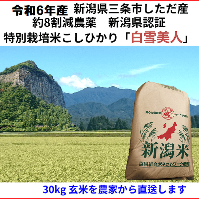 令和6年産新米 減農薬 新潟こしひかり玄米30kg 新潟県三条市旧 令和6年産新米 減農薬 新潟こしひかり玄米30kg 新潟県三条市旧