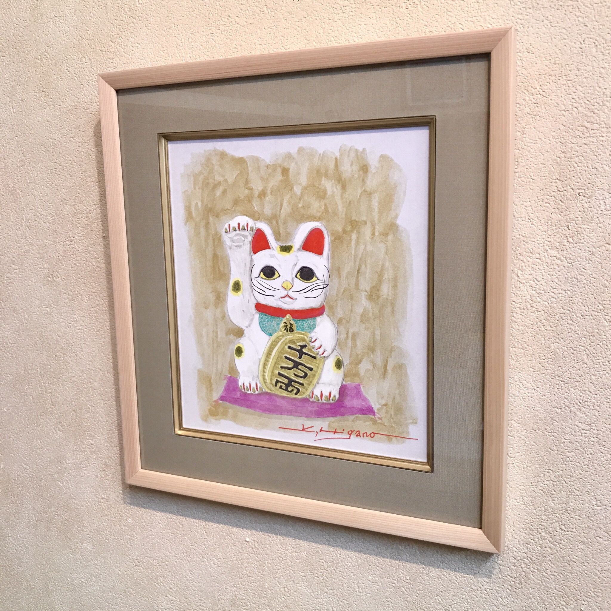 テンペラ画ハンドメイドアート「猫」 招き猫」色紙にテンペラ画 | ようこそ！ アトリエ・ルネッサンス