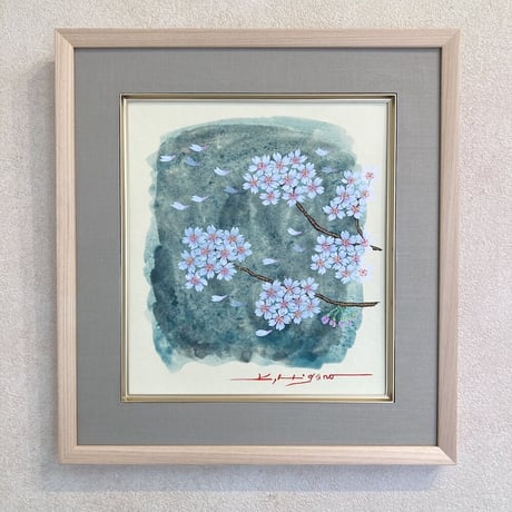 「さくら舞う」色紙にテンペラ画