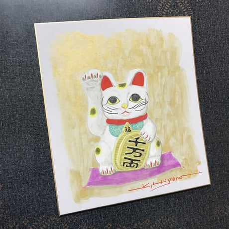 「招き猫」色紙にテンペラ画