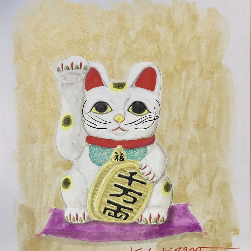 招き猫」色紙にテンペラ画 | ようこそ！ アトリエ・ルネッサンス