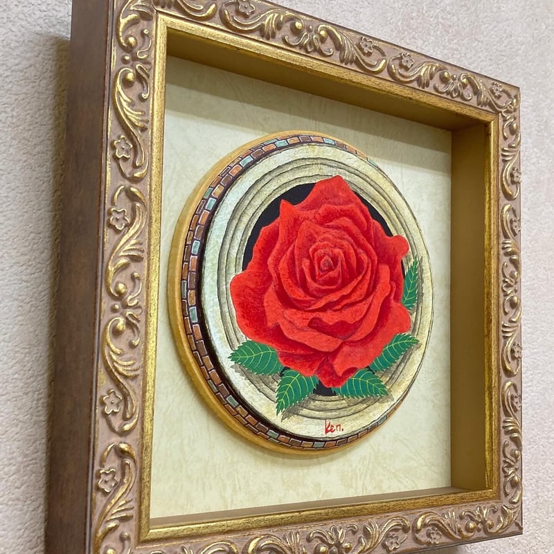 「真紅のバラ」円形板絵テンペラ画 真紅のバラ」円形立体板絵テンペラ画 | ようこそ！ アトリエ