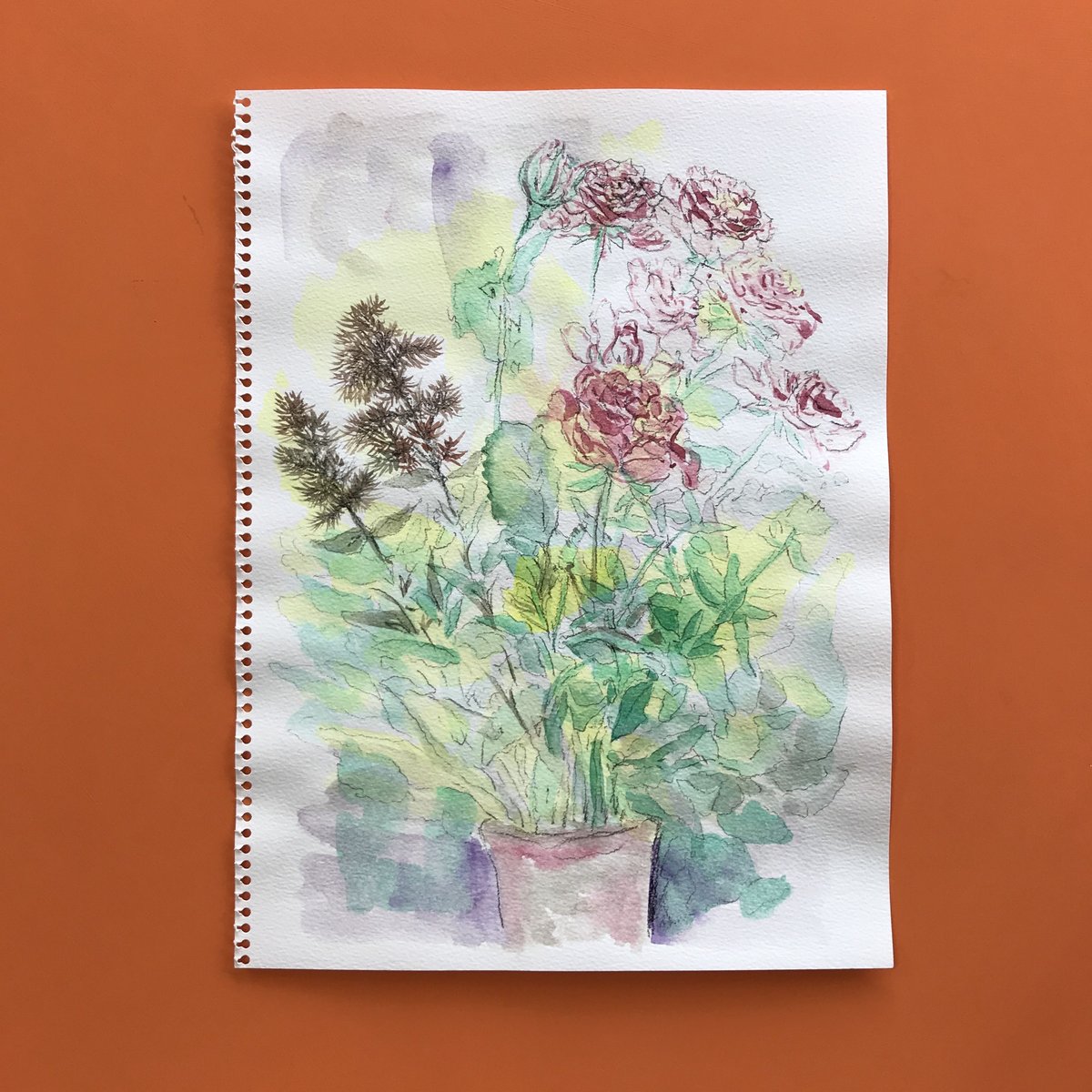 薔薇と遊ぶ光の庭 透明水彩画 ブラウンの額入り - 絵画/タペストリ