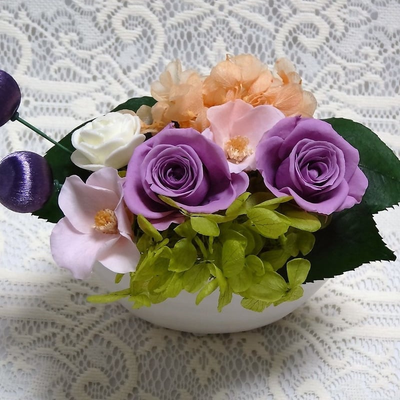 プリザーブドフラワー・サテンピックで和風に飾る紫のバラ | motoflower