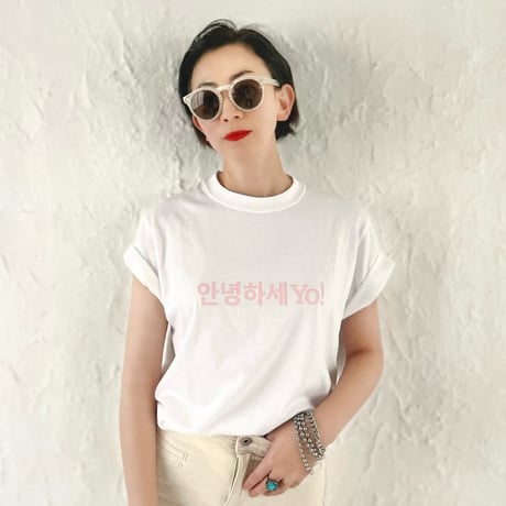 안녕하세YO! Tシャツ　ホワイト×ピンクロゴプリント