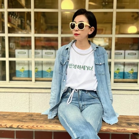 안녕하세YO! Tシャツ　ホワイト×グリーンロゴプリント