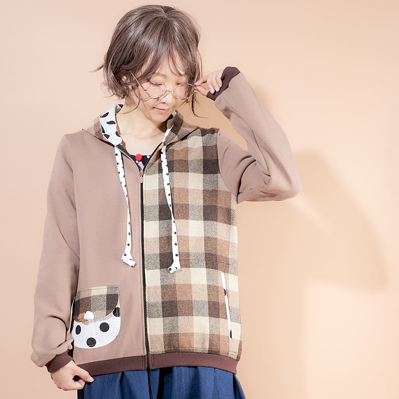 ブロックブラウンチェックmixフードパーカー♡ | SNOWPY♡(スノウピー)