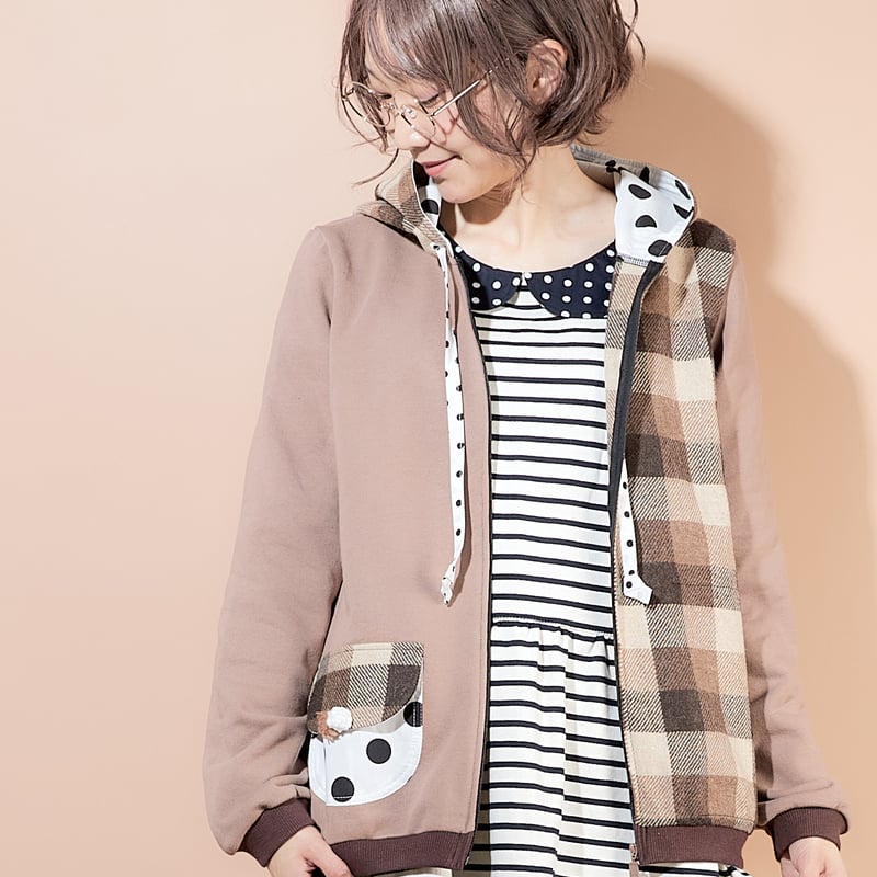 ブロックブラウンチェックmixフードパーカー♡ | SNOWPY♡(スノウピー)