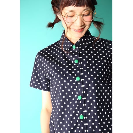 スノウピーのまるえり定番台襟シャツ♡ネイビー水玉