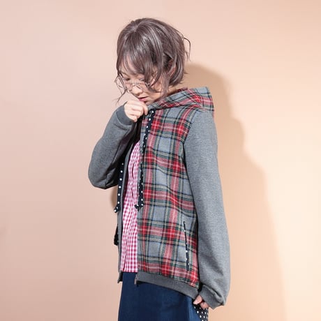 チェックmixフードパーカー♡
