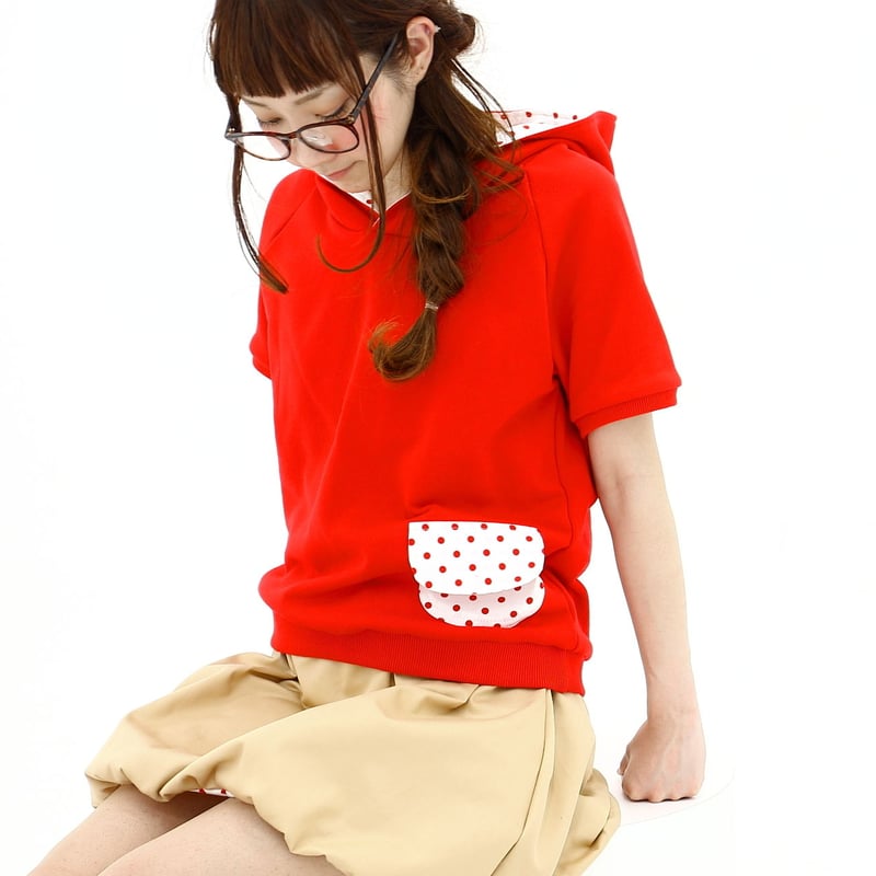あかのフードパーカー半袖♡水玉ポケット付き | SNOWPY あかのフードパーカー半袖♡水玉ポケット付き | SNOWPY