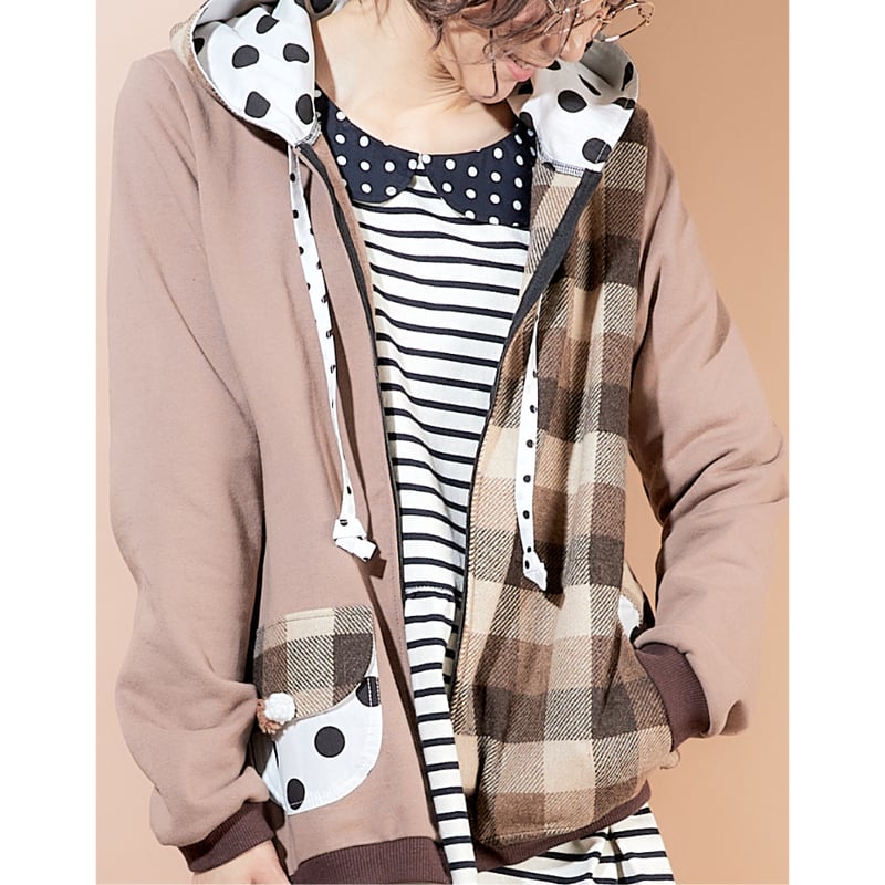 ♡極美品♡Munsingwear チェック ジャケット パーカー ウェア ブロックブラウンチェックmixフードパーカー♡ | SNOWPY♡(スノウピー)