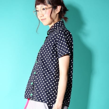 スノウピーのまるえり定番台襟シャツ♡ネイビー水玉