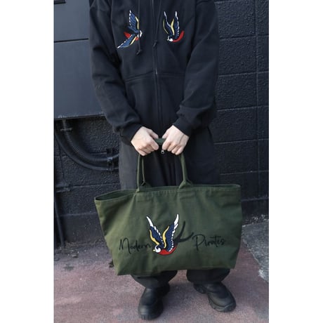 Heavy Canvas Zip Tote Bag / Chain Stitch Swallow Design