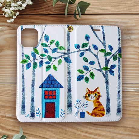 【iPhoneほぼ全機種対応】“猫の庭” ベルト無し手帳型スマホケース