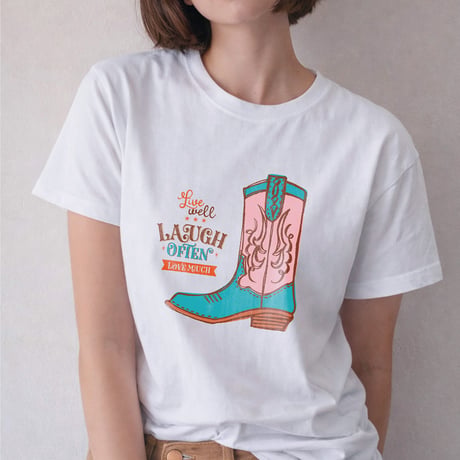【キッズ・レディース・ ユニセックス】Tシャツ白“ピンクのウエスタンブーツ”