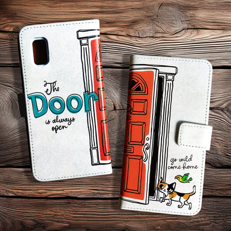 イラスト連動手帳型スマホケース“ドアと猫と鳥”【iPhone・Androidほぼ全機種対応】