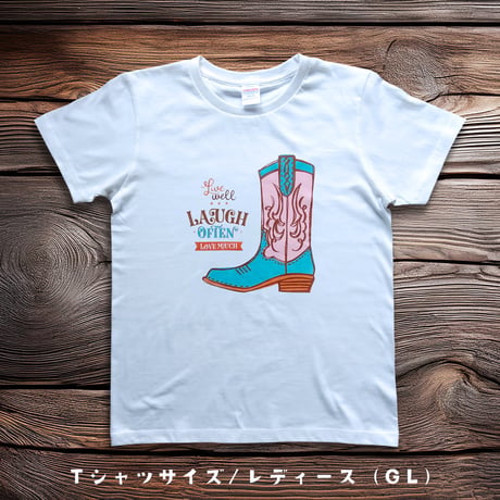 【キッズ・レディース・ ユニセックス】Tシャツ白“ピンクのウエスタンブーツ”