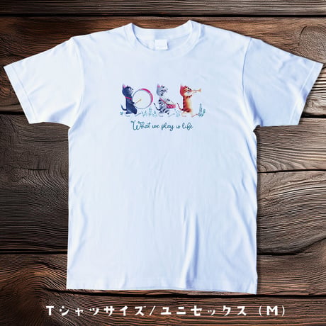 【キッズ・レディース・ ユニセックス】Tシャツ白“こねこのマーチ”