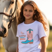 【キッズ・レディース・ ユニセックス】Tシャツ白“ピンクのウエスタンブーツ”