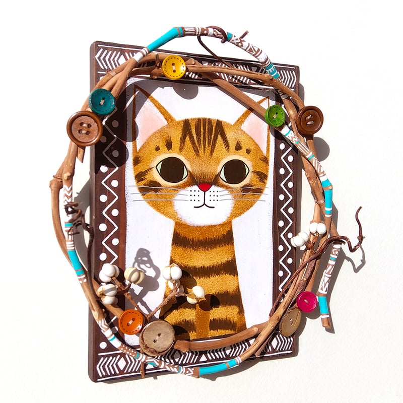 100%手描き 猫の油絵虎顔猫 リラックス 木製フレーム付き 100%手描き 猫の油彩画 虎顔猫 リラックス 木製フレーム付き 100