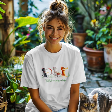 【キッズ・レディース・ ユニセックス】Tシャツ白“こねこのマーチ”