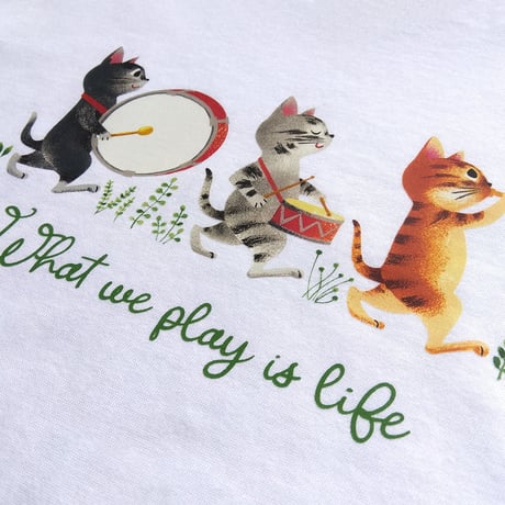 【キッズ・レディース・ ユニセックス】Tシャツ白“こねこのマーチ”