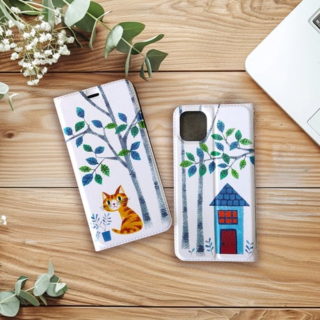 【iPhoneほぼ全機種対応】“猫の庭” ベルト無し手帳型スマホケース