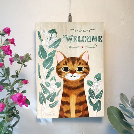 flat【手描き】ウォールアートボード“キジトラ猫とユーカリテトラゴナ ”Mサイズ
