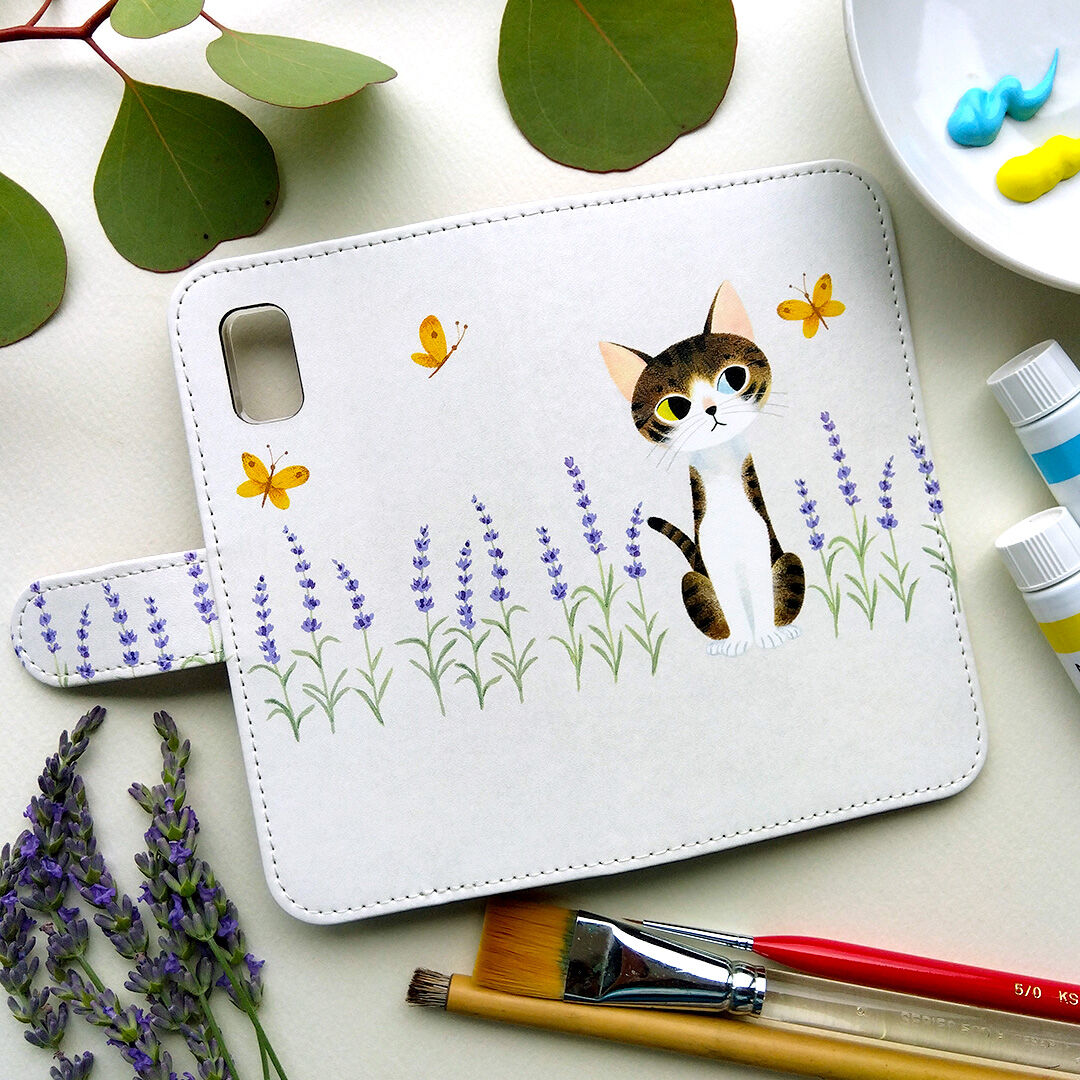 iPhone・Androidほぼ全機種対応】「猫と蝶とラベンダー “キジ白
