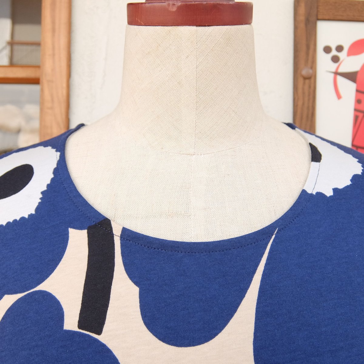 マリメッコ marimekko　＜Pieni Unikko＞七分袖ワンピース（ベージュ×ブルー）大きなサイズ