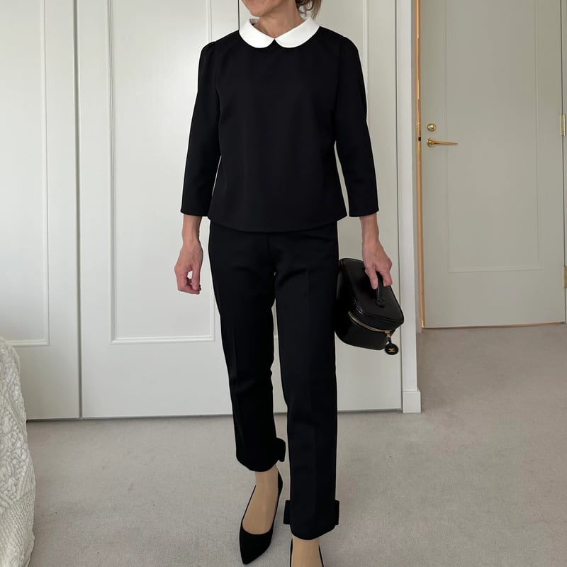 4-078 黒ハニカム 白襟 七分トップス ファスナー M | capriciousmie