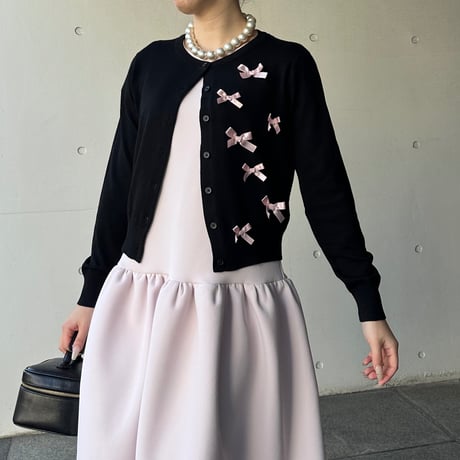3-061     黒×ピンク　リボンカーディガン　Ｌ